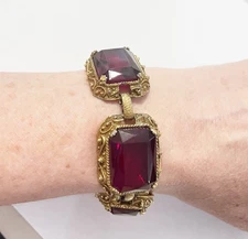 Rare Vintage Large Goldette Dark Red Glass Victorian  Revival Style Bracelet