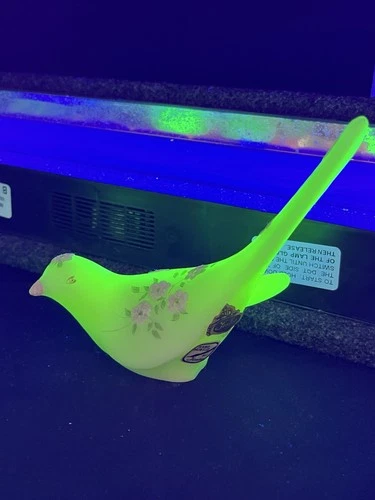 Fenton Uranium Custard Glass Bird of Happiness 6.5"  Flowers Painted Signed