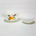 2 Vintage Fire King Oven Ware Bowls White Hand Painted Fruit Grapes Peaches Pear