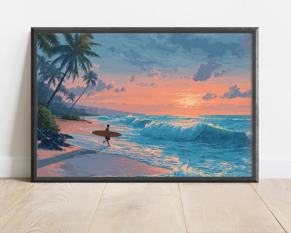 Tropical Surfer Beach Sunset Painting, Ocean Waves Canvas Print Coastal Seascape - image 4 of 4