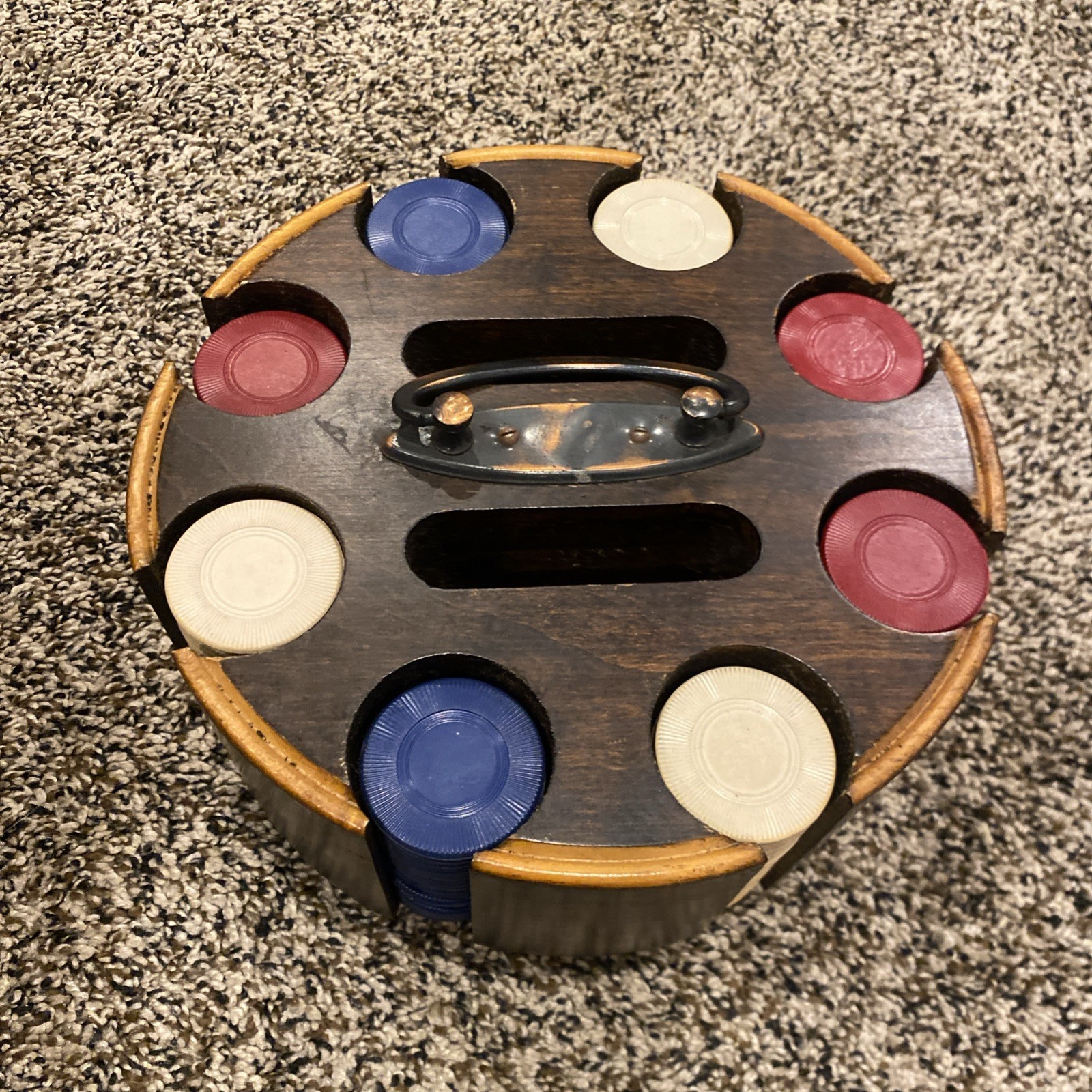 Vintage Poker Chip Set Wood Carousel Caddy Lazy Susan W Chips Card Holder Wooden