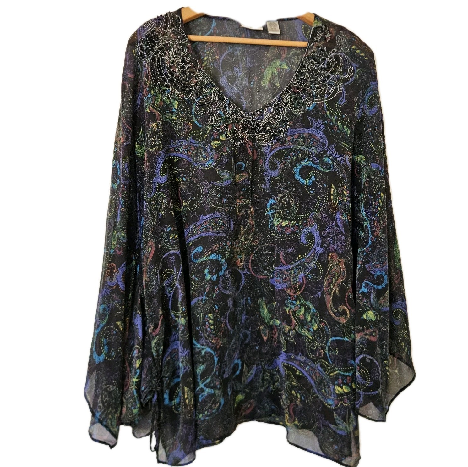 Chicos Womens Top M/L Silk Poncho Beaded Fairy Boho Paisley Artsy Lagenlook
