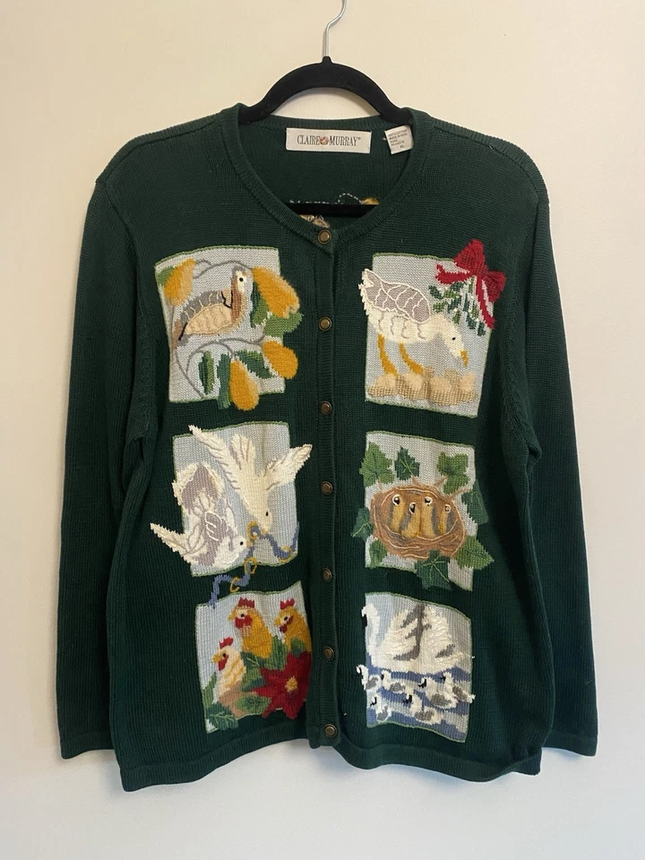 Cárdigan de punto verde vintage Claire Murray suéter perdiz pera árbol Navidad XL Foto 2 de 4