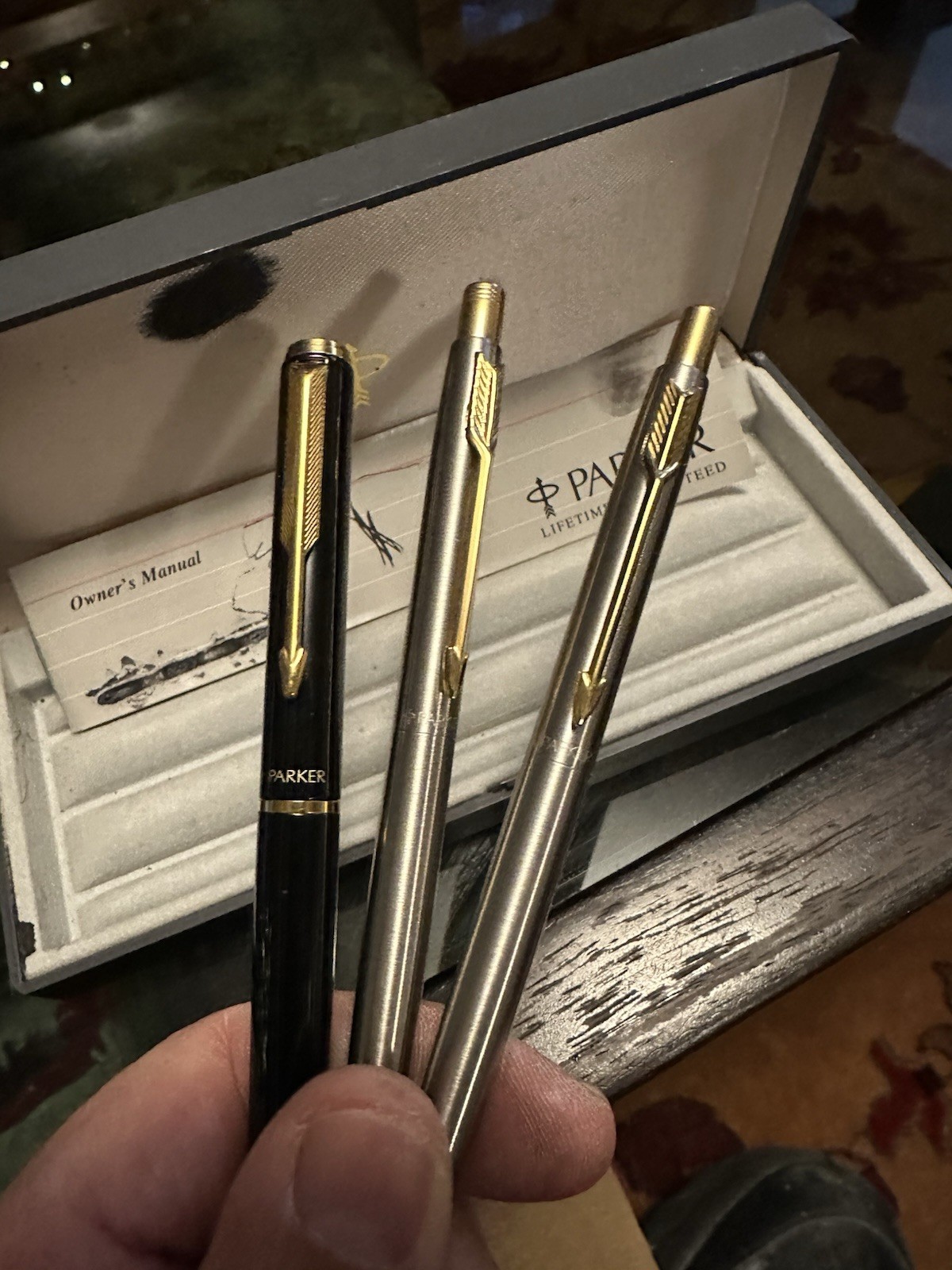 Vintage Set Of Parker Pencil Fountain Pen And Ball Point Pen Steel Made InUSA