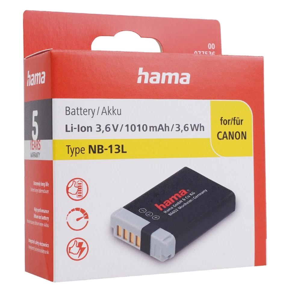 Hama Li-Ion Akku passend für Canon NB-13L PowerShot G5-X G7-X G9-X Mark I II III - Bild 1 von 2
