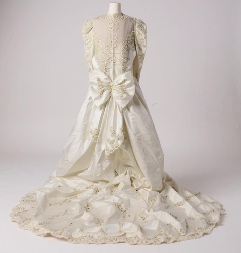 Vintage Mori Lee Wedding Dress Size 12 Satin Lace Pearl Beaded Long Sleeve Bow - Picture 2 of 13