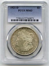 1921-D Morgan Argento Dollaro PCGS Ms 63 Certificato - Denver Mint - P644
