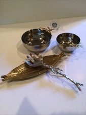 MICHAEL ARAM  XLNT 2 BOWLS W/ BIRDS SERVING FORK GOLD PLATTER EMILIA CASTILLO