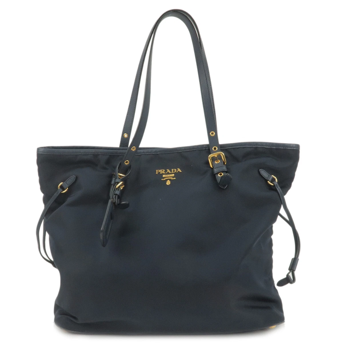 Auth PRADA Logo Tote Bag Shoulder Bag Navy Nylon Leather BR4997