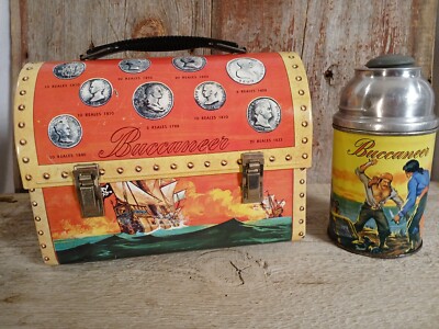 Vintage 1957 Aladdin Buccaneer Metal Dome Top Lunch Box w/ Thermos