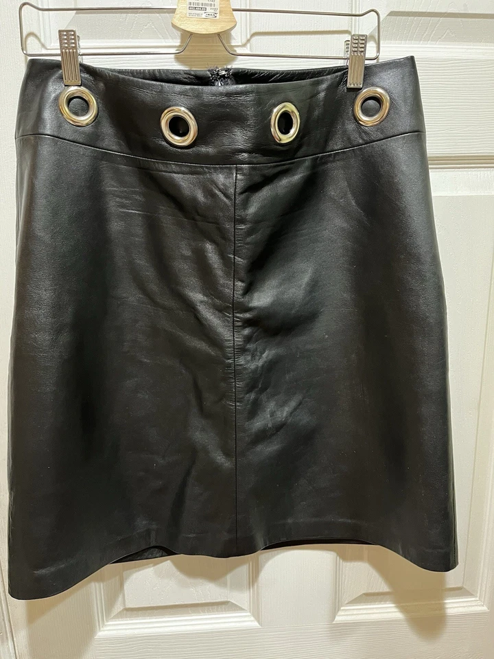 Falda recta VS2 Vakko Metal Hardware cuero negro piel de cordero 13. Mujer RARA DS