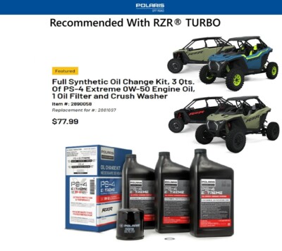 Polaris RZR 1000 TURBO ONLY PS-4 Extreme 0W-50 Full Syn Oil Change Kit-2890058