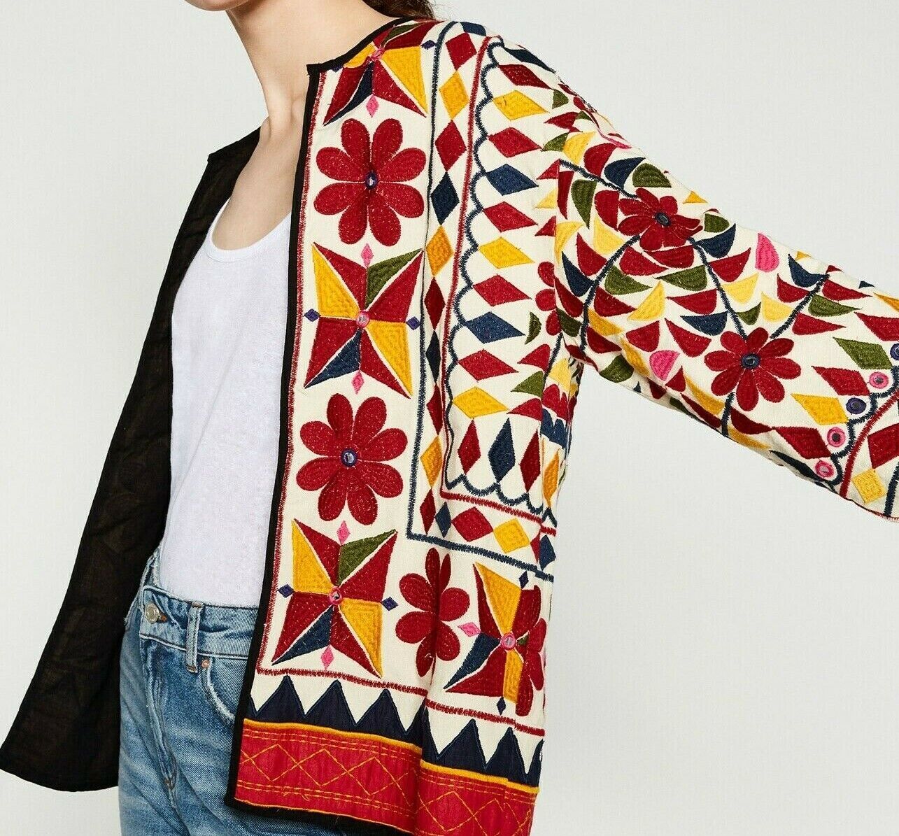 ZARA FLORAL EMBROIDERED BEADED ETHNIC JACKET KIMONO C… Gem