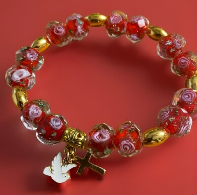New Cross Dove Rose Red Lampwork Gold Tone Bracelet Hurry ! Only 2 Left.