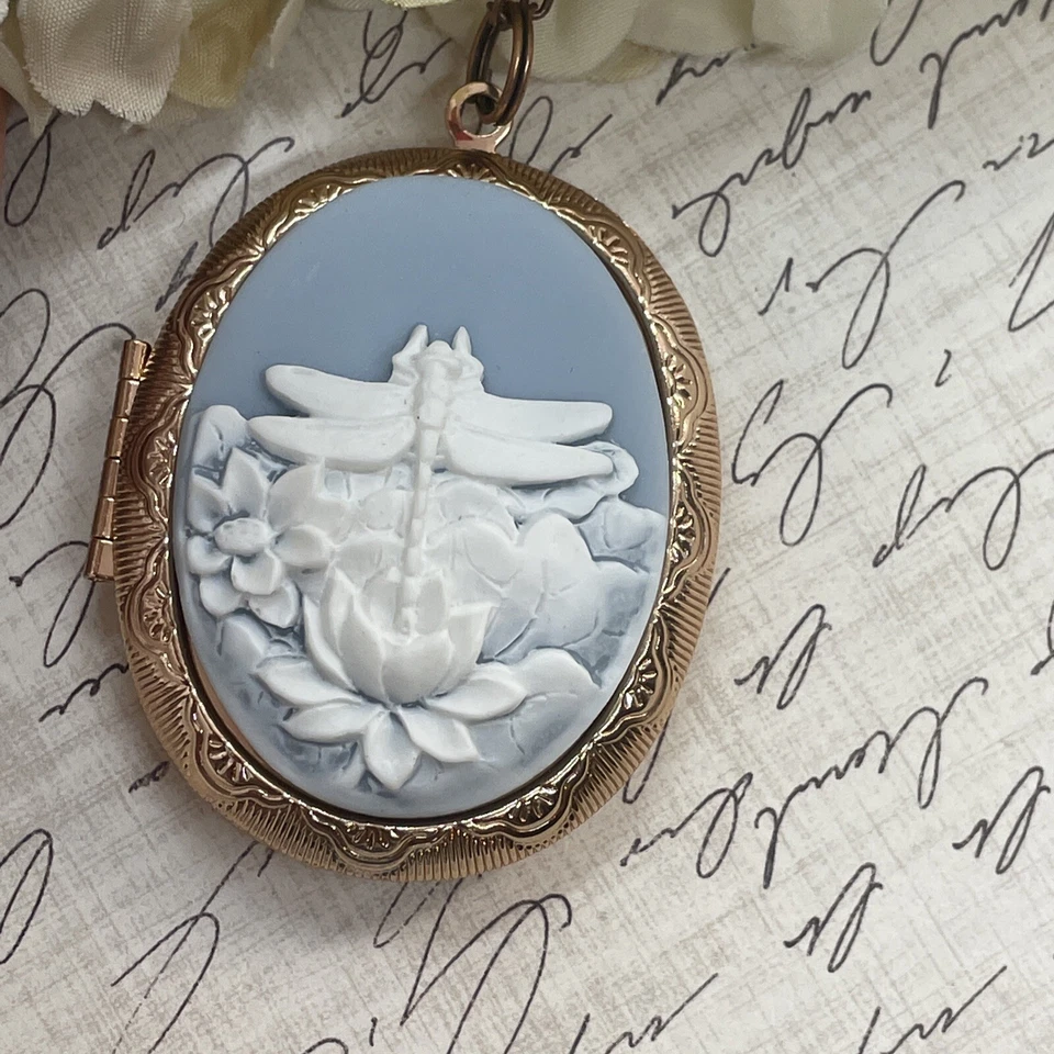 Medallón foto libélula camafeo azul boda oro rosa regalo novia damas de honor Foto 2 de 4