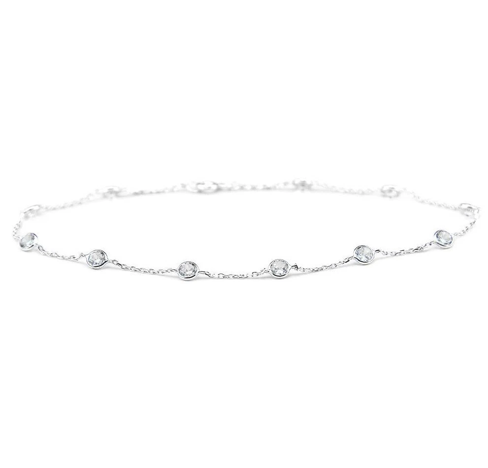 14K White Gold Anklet Bracelet With Round Cubic Zirconia s 11 Inches