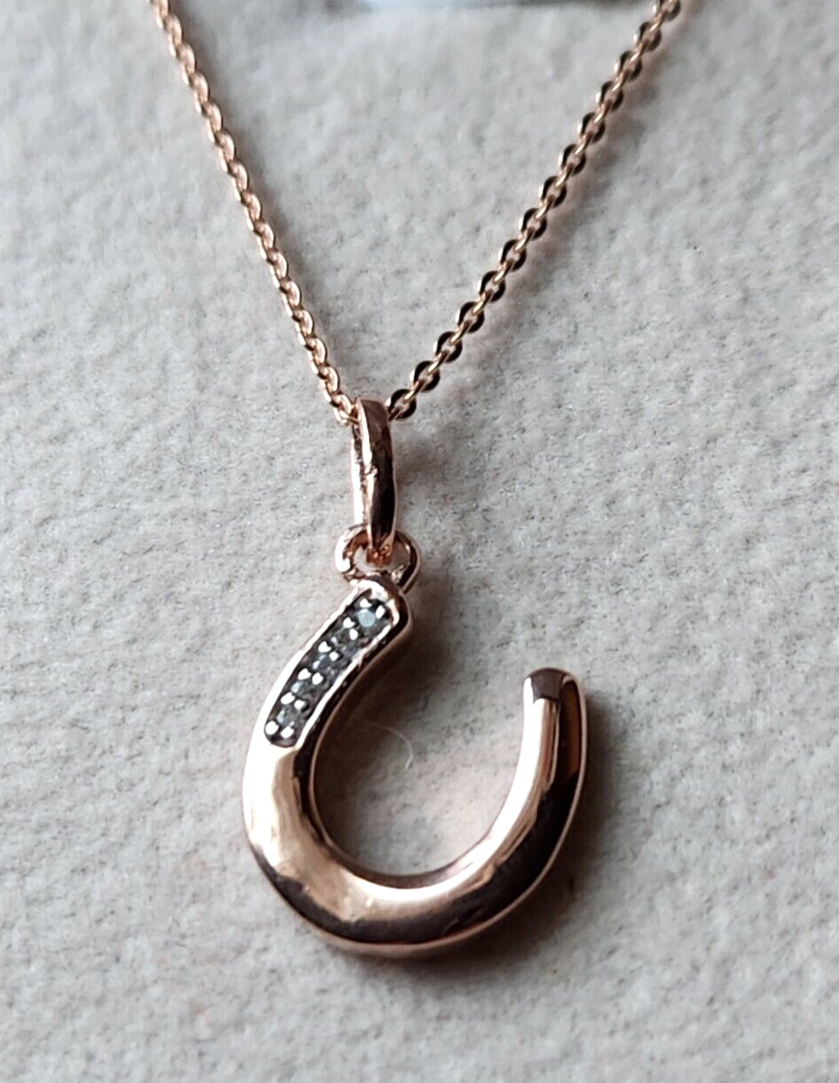 Rose Gold Vermeil Over Sterling White Zircon Lucky Horseshoe Necklace, 20 