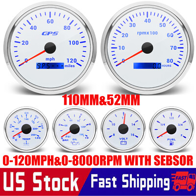 6 Gauge Set 110mm GPS Speedometer 120MPH Tacho 8000RPM&52mm Fuel/Temp/Oil/Volt