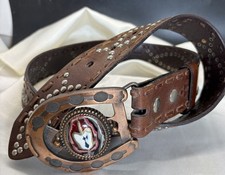 Vtg South Western Horseshoe Buckle Leather Belt Multi Color Stone 33-38