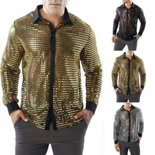 Elegant Men's Sparkly Sequins Party Shirt for Retro 70s Disco Nightclub Dance