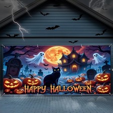 Halloween Garage Door Cover Red 7x16ft Haunted Castle Cemetery Ghost Backdrop