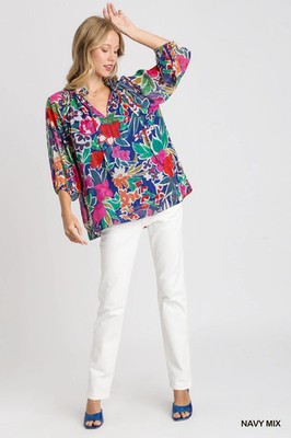 Umgee Navy Mix Lurex Metallic Floral Split Ruffle Neck Top w/ Tie 3/4 Sleeves
