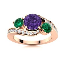 5MM Round Shape Amethyst  Emerald 925 Silver Rose Plated Three Stone Women Ring