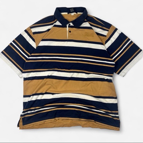 Marithé + François Girbaud, Marithé François Girbaud Striped Polo Navy Tan White Y2K Vintage 2XL