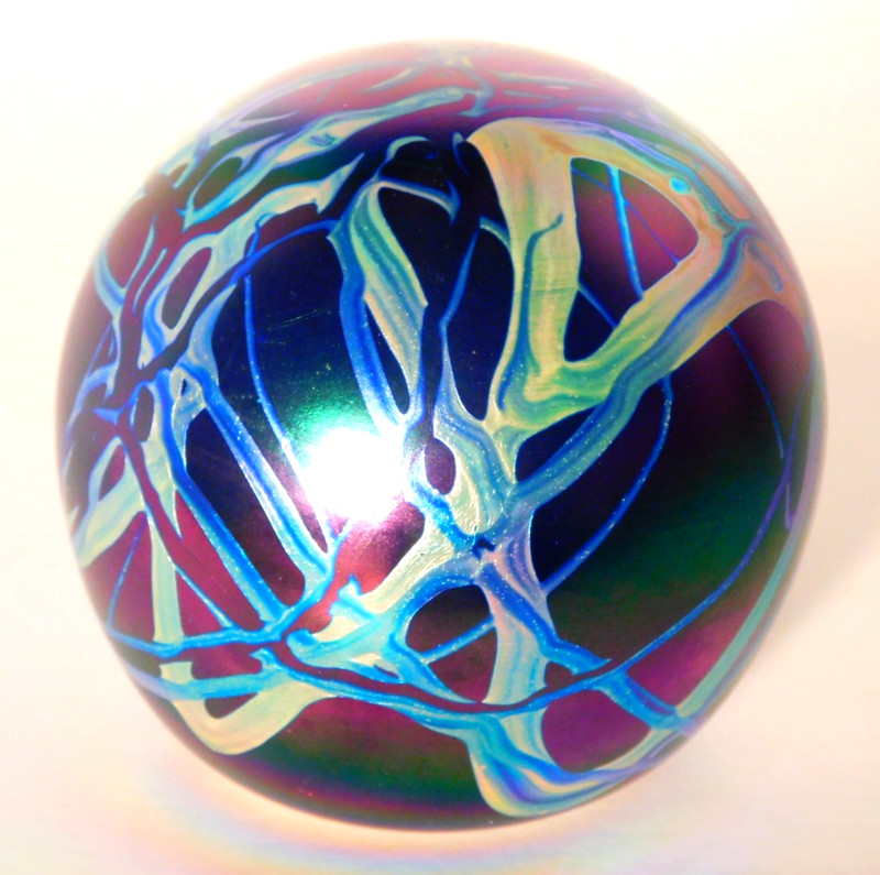 Vtg. Mark Matthews Round Iridescent Art Glass Paperweight Signed 1985