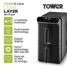Tower T17190 Vortx 11 Litre Dual Layer Air Fryer, Black with Chrome Trim