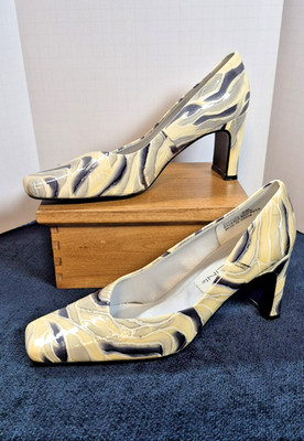 Leather Pump Heels Blk Yellow Wht Swirl 8M Sq Toe Retro Y2K Vtg Bellini Margie