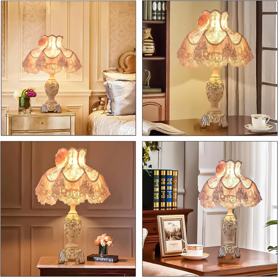Lámpara de Escritorio Rosa Estilo Europeo con Pantalla de Tela,Lámpara de Mesa Victoriana con E27 Bu Foto 4 de 4