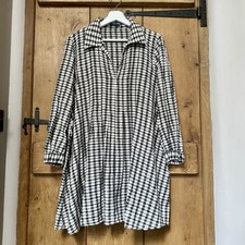 Zara Grey Smocked Dress Size L Gingham Check Long Sleeve Collared V Neck