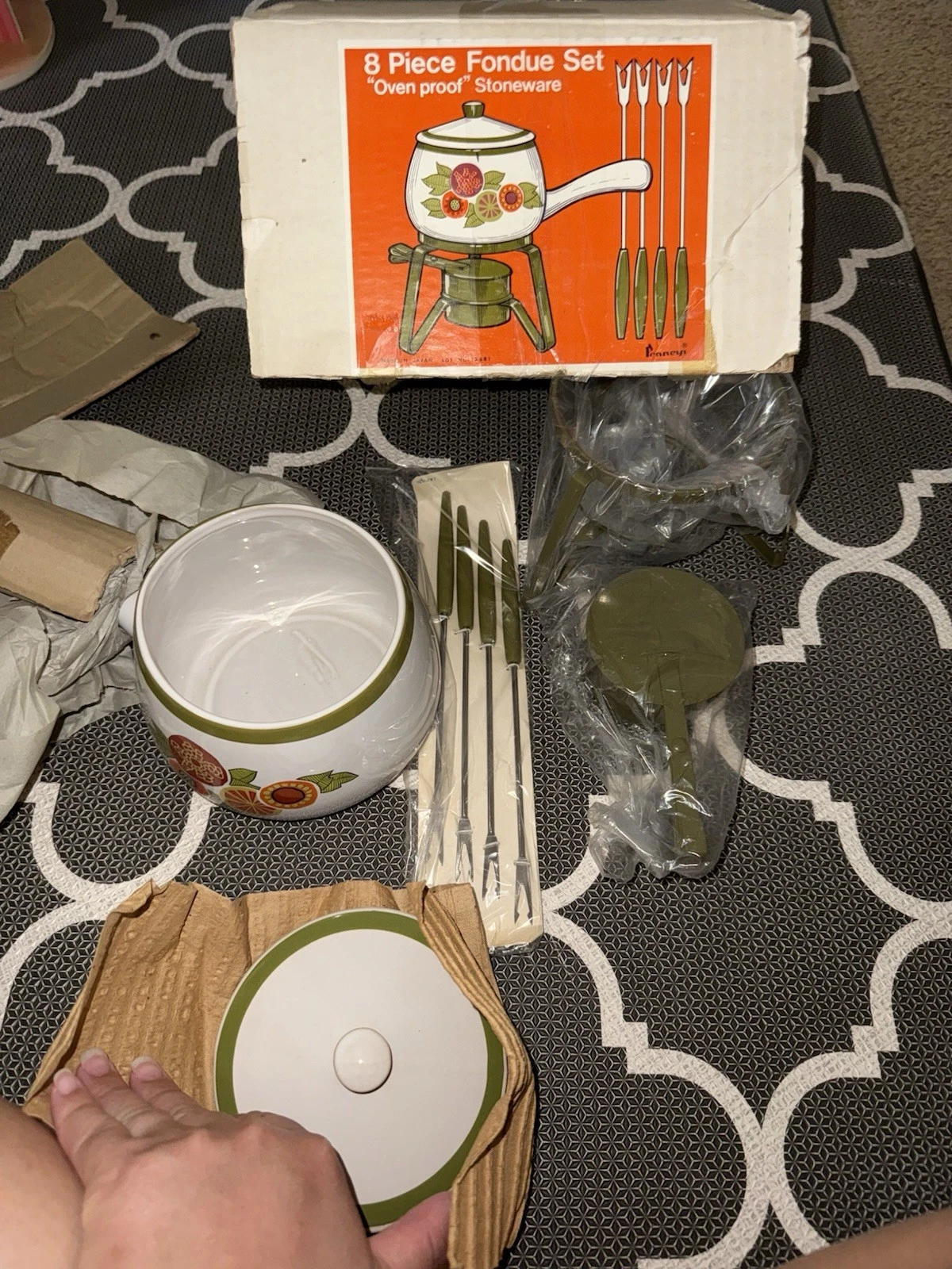 Vintage MCM 1970s Porcelain Enamel Fondue Set Groovy Flower Pattern With Box