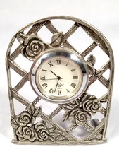 Kirk Stieff Pewter Clock Lenox Quartz 3¾"X3" Trellis w/Roses Works Battery Incl