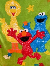 Elmo Cookie Monster Big Bird Fleece Sherpa green Blanket Satin trim 40" x 50"
