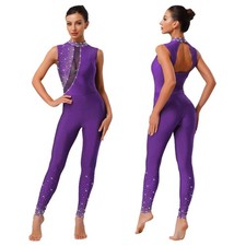 Women's Rhinestone Sleeveless Skating Jumpsuit Gymnastics Leotards Bodysuit