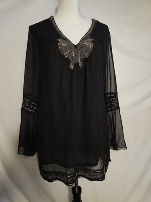 Young Threads Women's Beaded Sheer Blouse Top Tunic Boho Size Large L