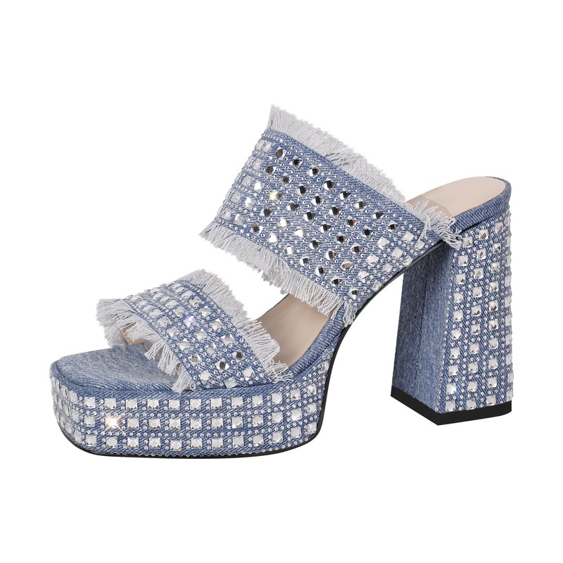 Women's Square Toe Platform Chunky Heel Sandals Rhinestone Shoes US9