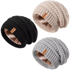 3 Pack Satin Lined Beanie for Women, Warm Slouchy Winter Hats with Silk Lined...