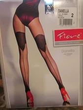FIORE DANELLA BLACK 20 DENIER PANTYHOSE TIGHTS BACKSEAM MOCK GARTER  3 SIZES