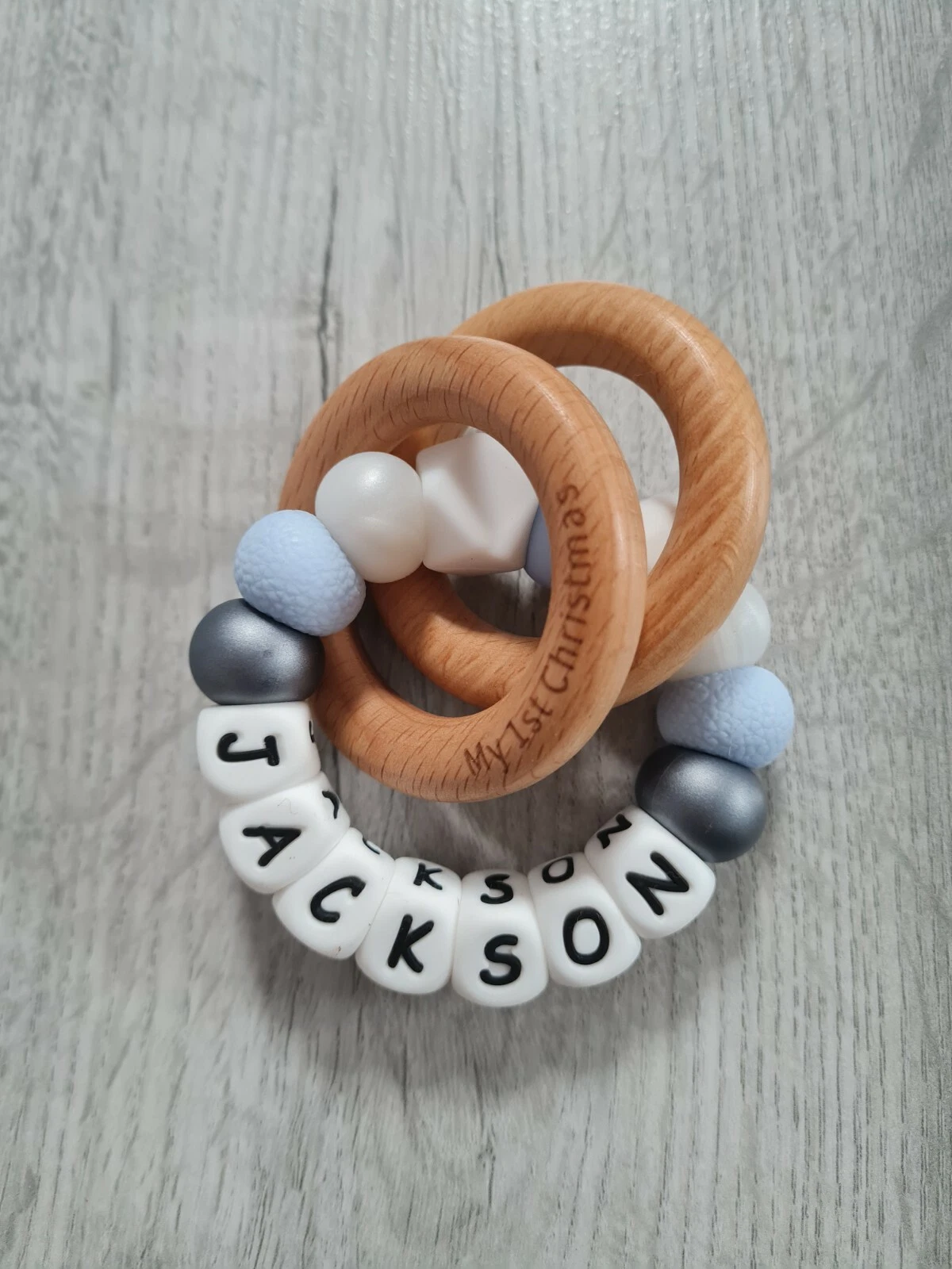 My 1st Christmas personalised baby boy gift teething ring rattle toy teether
Opens in a new window o