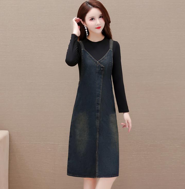 Women's Korean Slim Fit Denim Splicing Dress Fashion Long Sleeve Overall  Dress