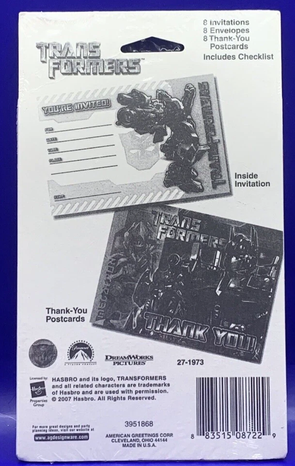 2007 Vintage Transformers Invitations "Let's Party" Pkg 8 Let's Party HASBRO - Image 2 of 2