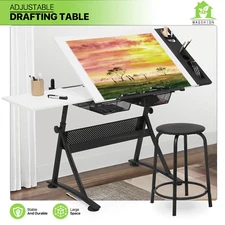 61" Drawing Drafting Table Adjustable Wooden Tabletop Craft Work Station w/Stool