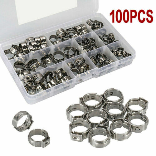 100pcs 5.3-15.3mm Single Ear Plus Stainless Steel Hose Clamps Assortment Kit