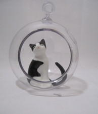 Tuxedo Cat Christmas Tree Ornament Clear Plastic Open Ball with Ceramic Kitty