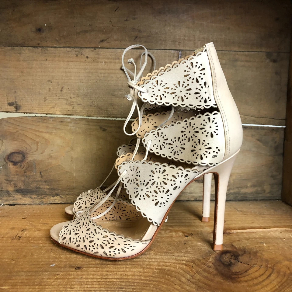 Schutz Women's Size 8 B Heels Beige Nude Leather High Stiletto Lace Up Open Toe  - Image 2 of 4