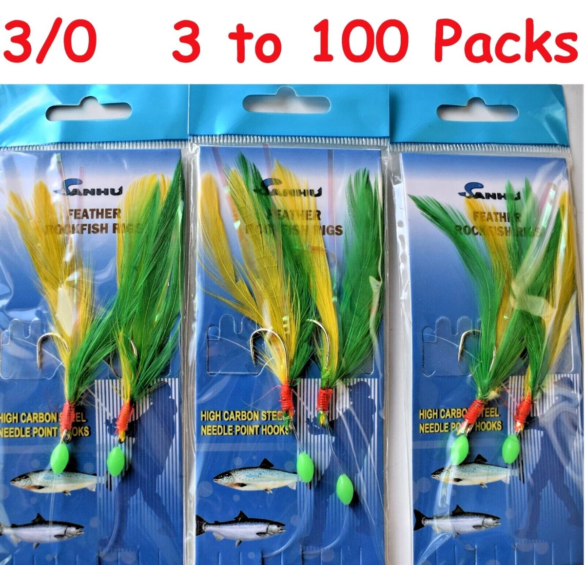 3 to 100 Packs 3/0 Rock Cod Feather Rigs 2 Hooks Green/Yellow