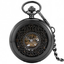 Bronze Mechanical Hand Wind Skeleton Men Women Pocket Watch Half Hunter Cover